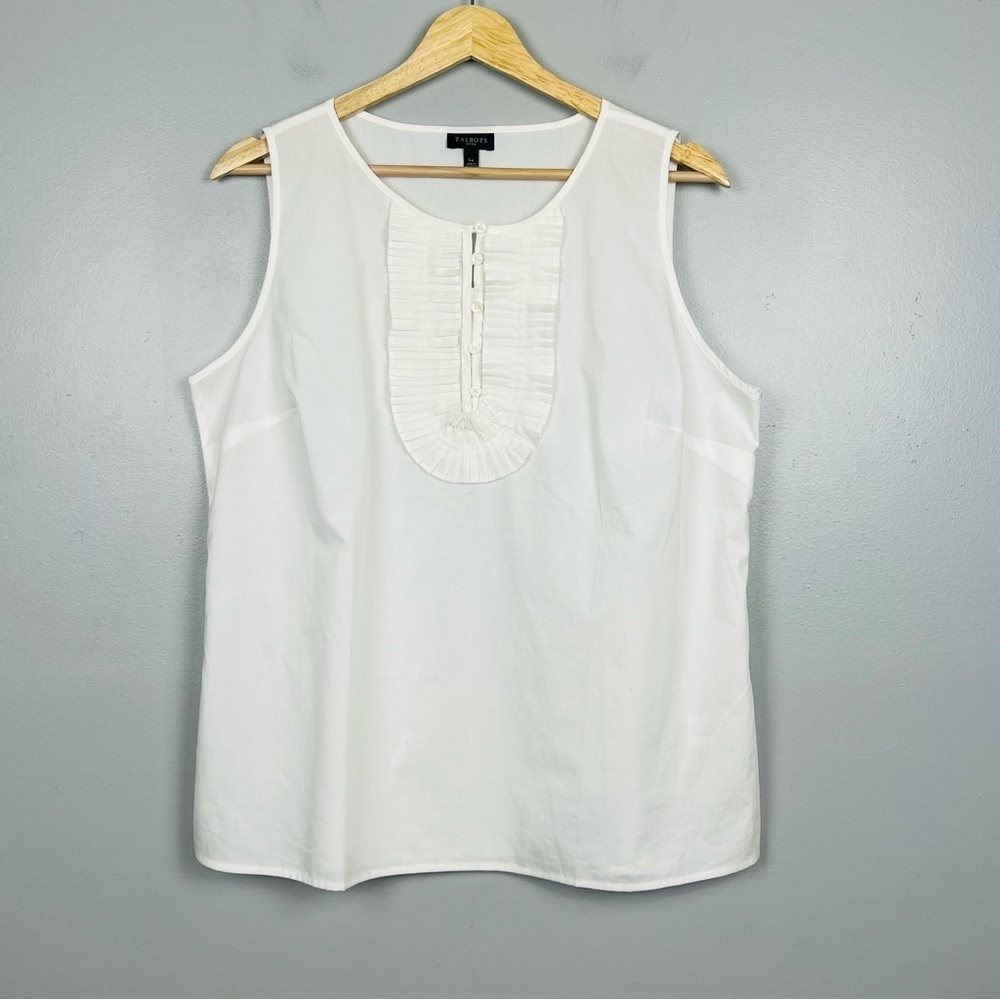 Talbots white 100% cotton sleeveless pintuck ruffle neckline top, large petite.